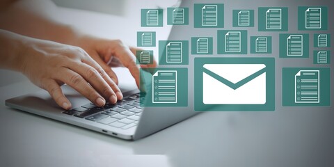 Email marketing, data center and internet advertising. Sending documents digitally using email on...