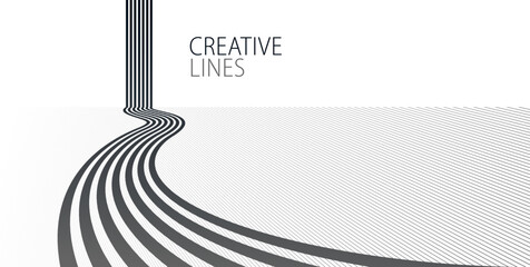 Future lines in 3D perspective vector abstract background, black and white linear composition, road to horizon and sky concept, optical illusion op art.