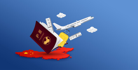 Luggage, Air ticket float away from passport with airplane is taking off on the map of China. Banner ad media about tourism. Travel transport concept. (Chinese Translation : passport) 3D Vector.