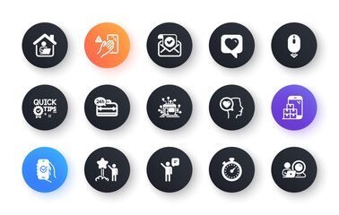 Minimal set of Romantic talk, Agent and Star flat icons for web development. Confirmed mail, Quick tips, Mobile inventory icons. Timer, 24h service, Approved app web elements. Vector