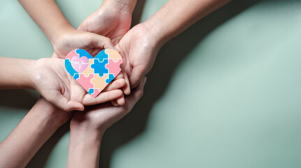 Father, Mother, Children holding heart jigsaw puzzle, Color puzzle symbol of awareness for autism spectrum disorder family support. Autism World Awareness Day. - Powered by Adobe