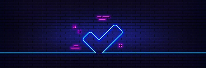 Neon light glow effect. Check line icon. Approved Tick sign. Confirm, Done or Accept symbol. 3d line neon glow icon. Brick wall banner. Tick outline. Vector