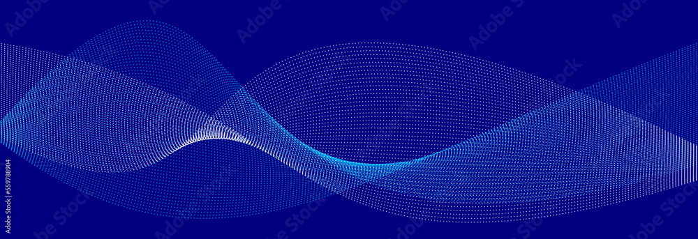 Wall mural blue dots in motion dark vector abstract background, particles array wavy flow, curve lines of point