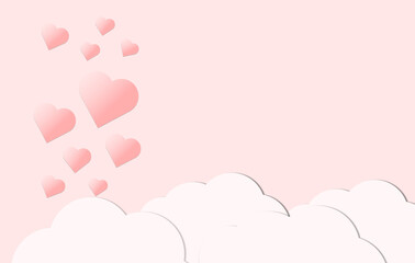 Valentines day banner. Red hearts balloons on flying over clouds with pink background. Greeting card. Paper cut and craft style illustration