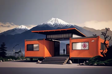 Poster illustration concept of sustainability and recycle , container box remake as restaurant, office or house or hotel, landscape of Fuji Mountain, Japan as background  © QuietWord