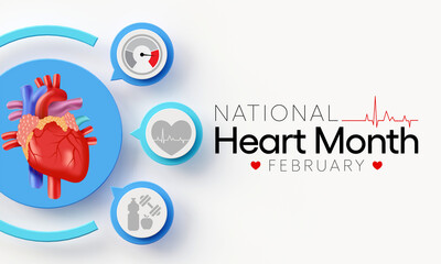 National Heart month is observed every year in February, to adopt healthy lifestyles to prevent heart disease (CVD). 3D Rendering