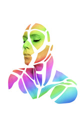 Portrait of a human with creative art makeup posing in the studio. Shape of colored polygons on beautiful face, neck and shoulders. Parts of face isolated on white background.