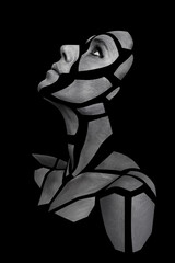 Portrait of person with art creative grey makeup posing in the studio. Shape of gray polygons on...