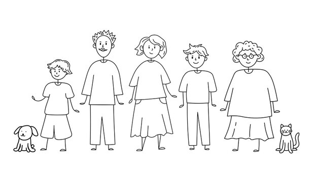 Doodle cartoon graphic illustration of happy big family. Graphic sketch of family with children and pets