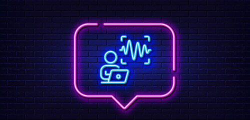 Neon light speech bubble. Voice wave line icon. Sound scan sign. Audio verification symbol. Neon light background. Voice wave glow line. Brick wall banner. Vector