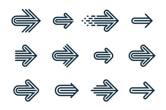Linear arrow logos vector set, collection of arrows symbols for use as icons or logo creation, graphic design single color signs.