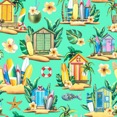 Surfboards, wooden beach houses, tropical plants and flowers. Watercolor illustration. Seamless pattern on a turquoise background from the SURFING collection. For fabric, wallpaper, design