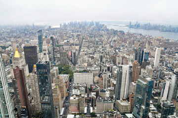 Fototapeta na wymiar New York, Manhattan, October 1, 2022: The cloudy view of downtown Manhattan on a cloudy day.