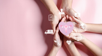 Hands holding uterus in heart shape, female reproductive system, women's health, PCOS, ovary gynecologic and cervical cancer, Health insurance, Healthy feminine concept