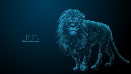 Lion. Digital polygon illustration. Isolated line and dots technology illustration. King of beasts wireframe 3d vector background. © AntonKhrupinArt
