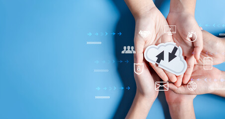 Cloud computing diagram digital technology, business people on Cloud system. Data storage. Networking and internet service. online data management system, information system for business.