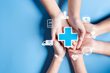 Health insurance concept. hand holding plus and healthcare medical icon, health and access to...