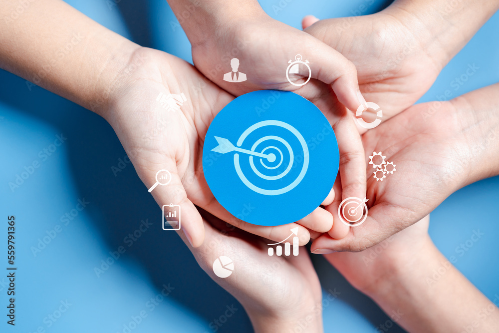 Aufkleber business hands holding target icon, dartboard and arrow for creative and set up business objective t