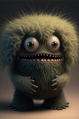 Obraz premium Portrait of a sad cute alien monster, a hairy alien with big eyes. Generative AI illustration 