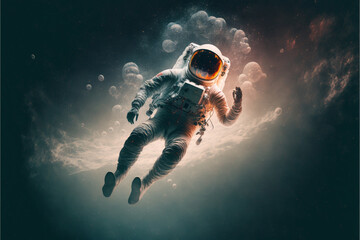Astronaut floating in an open space and waving into the camera. Generative AI illustration