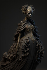 Dark queen of nightmares, a fantasy portrait of a stylish woman dressed in a beautiful dress. Generative AI illustration