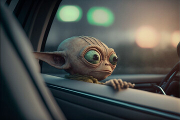 Cute alien monster sitting in the car stuck in traffic. Sad face with big eyes. Generative AI illusration