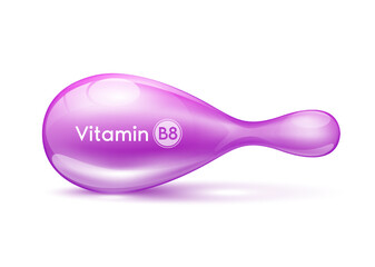 Cosmetic capsule Vitamin B8 or Collagen antibiotic gel pill template for repair Skin care anti age and Hair. Serum capsule purple 3D realistic isolated on white background. Vector EPS10.