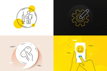 Minimal set of Cogwheel, Best manager and Vaccination announcement line icons. Phone screen, Quote banners. Capsule pill icons. For web development. Vector