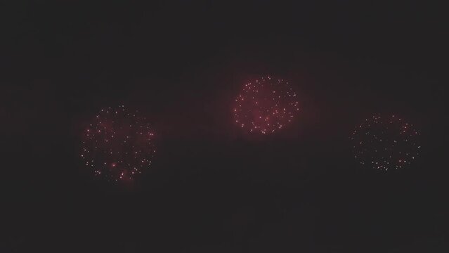 Colorful fireworks festival. Beautiful red fireworks close-up view in slow motion. Real fireworks in the night sky shot with telephoto lens. fireworks show. 120fps, ProRes 422, 10 bit ungraded C-LOG.