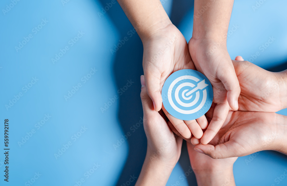 Aufkleber business hands holding target icon, dartboard and arrow for creative and set up business objective t