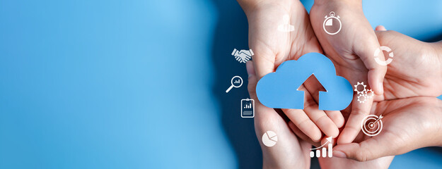 Cloud computing diagram digital technology, business people on Cloud system. Data storage. Networking and internet service. online data management system, information system for business.
