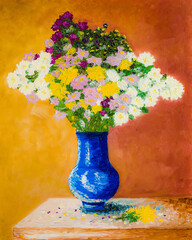 Floral still life with bouquet of multicolored flowers, oil painting