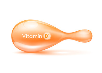 Cosmetic capsule Vitamin D1 or Collagen antibiotic gel pill template for repair Skin care anti age and Hair. Serum capsule orange 3D realistic isolated on white background. Vector EPS10.