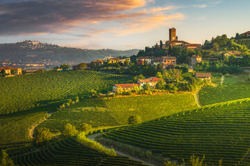 Barbaresco village and Langhe vineyards, Piedmont, Italy. - 559792760