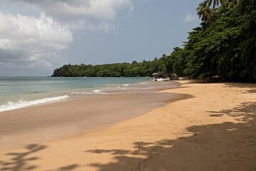 View of Bom Bom beach and the Atlantic Ocean on Principe Island. Sao Tome and Principe. Africa.