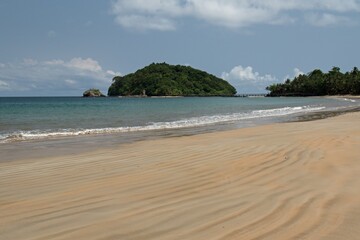 View of Bom Bom beach and the Atlantic Ocean on Principe Island. Sao Tome and Principe. Africa.