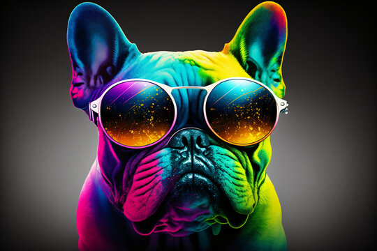 colorful french bulldog, crazy pug dog with neon glasses, generative ai