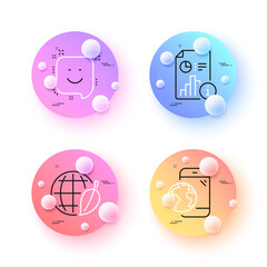 Mobile internet, Smile and Report minimal line icons. 3d spheres or balls buttons. Environment day icons. For web, application, printing. Online marketing, Positive feedback, Research file. Vector