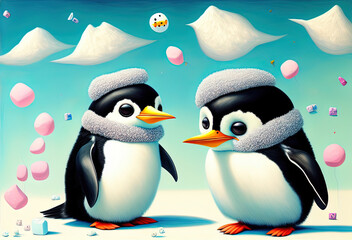 Naklejka premium painting of a fluffy happy penguin chick with marshmallows flying everywhere. Generative AI