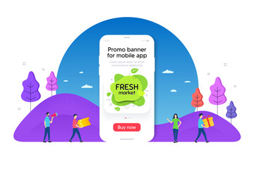 Fototapeta premium Fresh market food banner. Phone ui interface banner. Organic bio product tag. Vegetarian eco icon. Mobile smartphone promo banner. Fresh market tag. Man with gift box. Vector