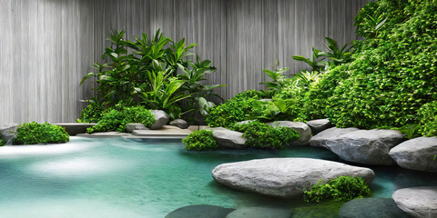 Indulge in relaxation with this spa image featuring tranquil baths, lush greenery and concrete walls. Perfect for promoting wellness, self-care and relaxation.
