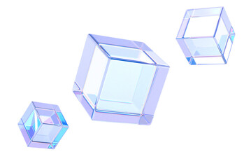 Glass iridescent cubes, crystal blocks with holographic purple gradient texture 3d render. Rainbow clear acrylic square boxes, abstract geometric objects isolated on white background. 3D illustration
