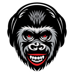 Monkey head template with headphones and smile. Vector color illustration