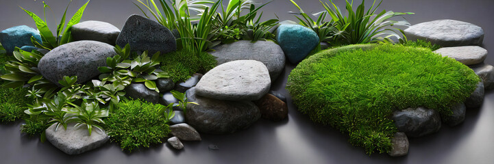 Wellnes spa rocks and greens in grey background - obrazy, fototapety, plakaty