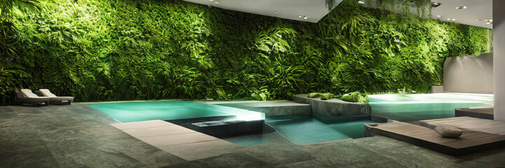 Find peace and tranquility in this image of a wellness spa featuring a natural pool, surrounded by a lush green wall and various green plants. Perfect for promoting relaxation and nature-inspired well