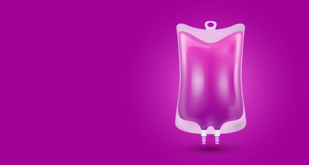 Plastic saline bag purple isolated realistic. 3D vector. IV drip vitamins collagen intravenous. For medical advertising and skin care beauty. With copy space for text.