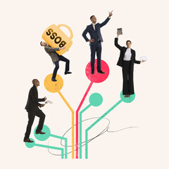 Contemporary art collage. Conceptual design. Working process, employees of different departments working on own tasks