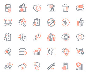 Science icons set. Included icon as Wind energy, Chemistry lab and Augmented reality web elements. Trash bin, Idea gear, Vaccination announcement icons. Fingerprint, Vaccine attention. Vector