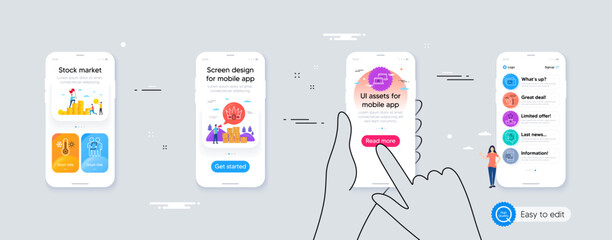 Smartphone notification, Crown and Winner podium minimal line icons. Phone ui interface. Outsource work, Like, Thermometer icons. Painter, Love tickets, Survey web elements. Vector