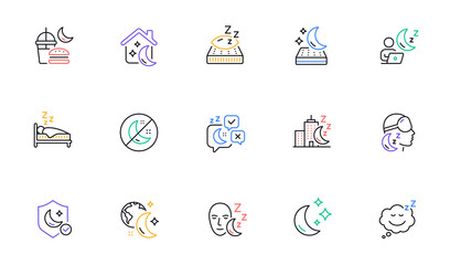Sleep line icons. Sleeping pillow, Night bed and Insomnia sleeplessness. Bedroom rest mattress, Zzz snooze and Pillows with feather icons. Sleeping mask, Alarm clock and Human sleep in bed. Vector